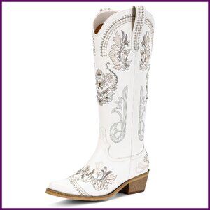 Knee High Western Cowgirl Boots, Rhinestone Embroidered, Chunky Heel, Size 5-13